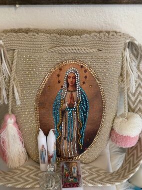 Marian Devotion gift set, Wayyu bag, rosary, Lourdes holy water, candles